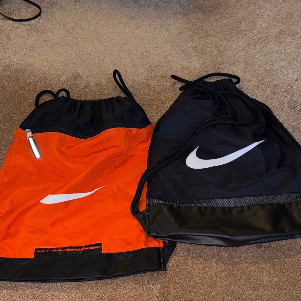 Nike Black and Orange Drawstring Bags